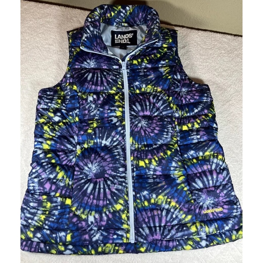 Lands' End Puffer‎ Vest Womens S Quilted Down Full Zip Purple Tie Dye Gorpcore